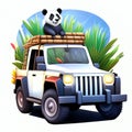 Illustration of a panda on a safari jeep. AI generated