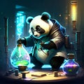 Illustration of a panda scientist working on a magic potion. AI Generated