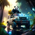 Illustration of a panda sitting on a monster truck in the jungle AI Generated