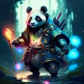 Illustration of a panda warrior with a torch in his hand Generative AI