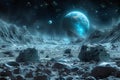 A panoramic view of an asteroid belt orbiting around earth, with planets and moons in the background. the scene is set at nig Royalty Free Stock Photo