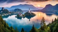Panoramic view of Bled lake in Slovenia, Europe