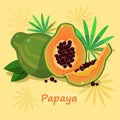 Papaya with green leafs on yellow background