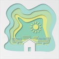 Illustration paper cut art of home with solar panel, modern alternative sustainability with eco-friendly renewable energy