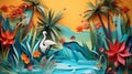 Illustration of a paper landscape inspired by a tropical paradise with origami birds and beach with palm treas