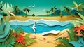 Illustration of a paper landscape inspired by a tropical paradise with origami birds and beach with palm treas