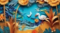 Illustration of a paper landscape inspired by a tropical paradise with origami birds and beach with palm treas