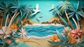 Illustration of a paper landscape inspired by a tropical paradise with origami birds and beach with palm treas