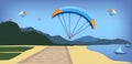 Illustration of paraglider on paraglide falling on seaside boulevard, summer landscape with mountains, sea, beach, umbrella, palm