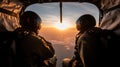 Illustration of paratroopers from the back about to jump in flight.