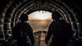 Illustration of paratroopers from the back about to jump in flight.