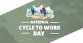 Illustration of parents with child riding bicycles in park and national cycle to work day text