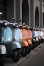 illustration, parking of mopeds of different colors, ai generative