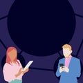 Illustration Of Partners Busy Using Smartphones Searching For New Wonderful Ideas. Couple Actively Working On Digital