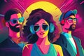 Illustration of a party in the style of the 80s offers, trendy stylish young people in glasses on a bright background