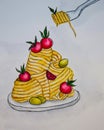 Illustration of pasta with tomatoes and olives.