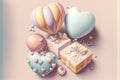 Illustration of pastel colored heart balloons and gift boxes. Generative AI Royalty Free Stock Photo