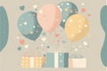 Illustration of pastel colored heart balloons and gift boxes. Generative AI Royalty Free Stock Photo