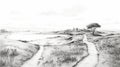 Nostalgic Coastal Path: Black And White Drawing Of A Hillside View