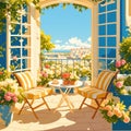 Illustration of a Patio with Two Chairs and a Table, Flowers, and a View of the Sea Royalty Free Stock Photo