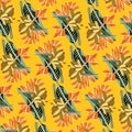 illustration of a pattern of bananas with leaves and flowers on a yellow background