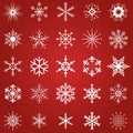 Illustration of a pattern of different snowflakes isolated on a red background