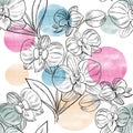 Illustration pattern drawing of black doodle line orchid blooming, random branches with spot of pink blue green color, white bac