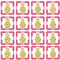 Illustration of a pattern of pineapples in pink frames isolated on a white background