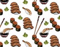 Illustration pattern of sketch hand drawn sushi for restaurant, cafe, shop. Japanese, Chinese, asian food Royalty Free Stock Photo