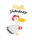 Illustration with a pelican bird in a hat with a camera on the neck and the inscription hello summer. A print with the words hello