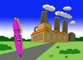 Illustration of a pen looking happy standing in front of a factory