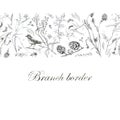 Illustration, pencil. Border from leaves and branches of plants, birds. Freehand drawing of flowers on a white background