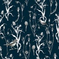 Illustration, pencil. A pattern of leaves and branches of plants, birds. Freehand drawing of flowers on a blue background