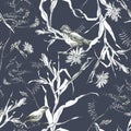Illustration, pencil. A pattern of leaves and branches of plants, birds. Freehand drawing of flowers on a dark gray background