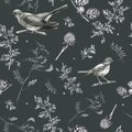 Illustration, pencil. A pattern of leaves and branches of plants, birds. Freehand drawing of flowers on a gray background