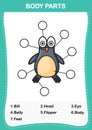 Penguin vocabulary part of body,Write the correct numbers of body parts Royalty Free Stock Photo