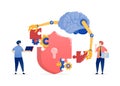 Illustration of People Designing Security Systems Using AI-Powered Brains and Cyborg Hands to Solve Puzzle Challenges on a High-