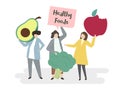 Illustration of people with healthy foods