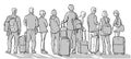 Illustration of people, passengers waiting, standing in line in black and white