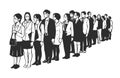 Illustration of people, passengers waiting, standing in line in black and white