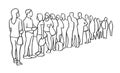 Illustration of people, passengers waiting, standing in line in black and white
