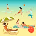 Illustration of people relaxing on the beach. Young people playing volleyball. Sunbathing people. Jogging girl.