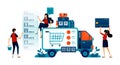 illustration of people shopping online. Goods delivery trucks send packages purchased online using apps and paid by credit card.