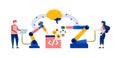 Illustration of People Using Machines Assisted by AI Brains to Enhance Production Tools and Develop New Programming Languages for