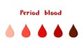 Illustration of period blood colors in drops shape. Healthy and bad menstruation colors.