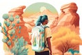 An illustration of a person exploring natural landmarks with small backpack. Pastel colors. Generative AI