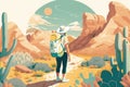 An illustration of a person exploring natural landmarks with small backpack. Pastel colors. Generative AI