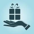 Illustration of person giving/receiving gift package.