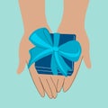 Illustration of person giving, receiving gift package.