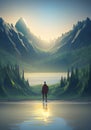 An illustration A person standing in front of a beautiful Forest scene with a lake and Majestic mountains Royalty Free Stock Photo